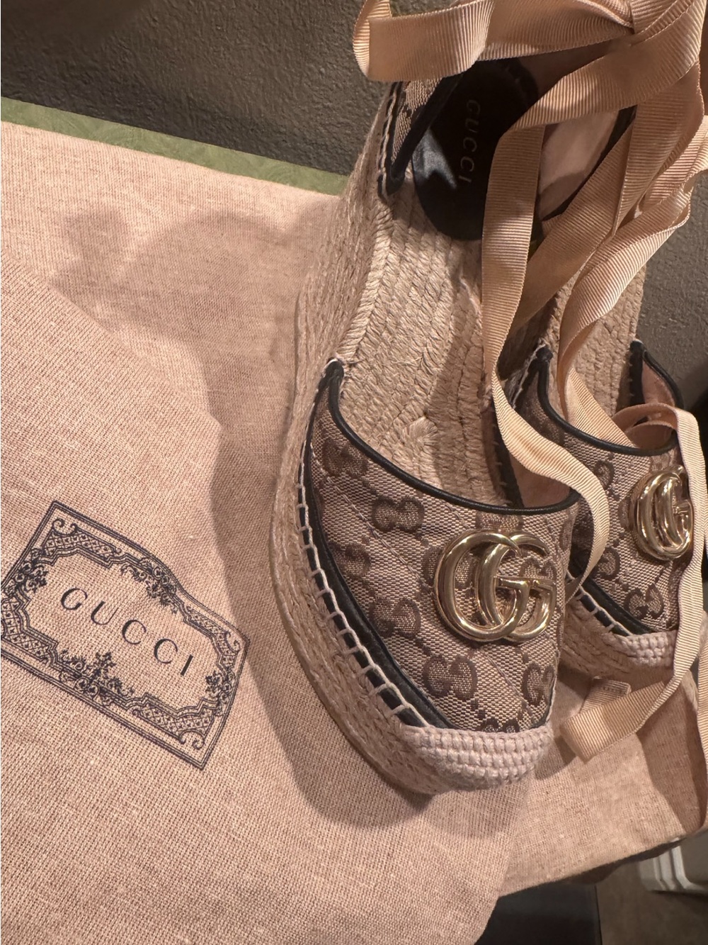 Gucci Beige GG Canvas Espadrille Wedge Sandals with Gold Double G’s